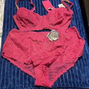 Felina Fuchsia Lace Bra and High-Waist Brief Set